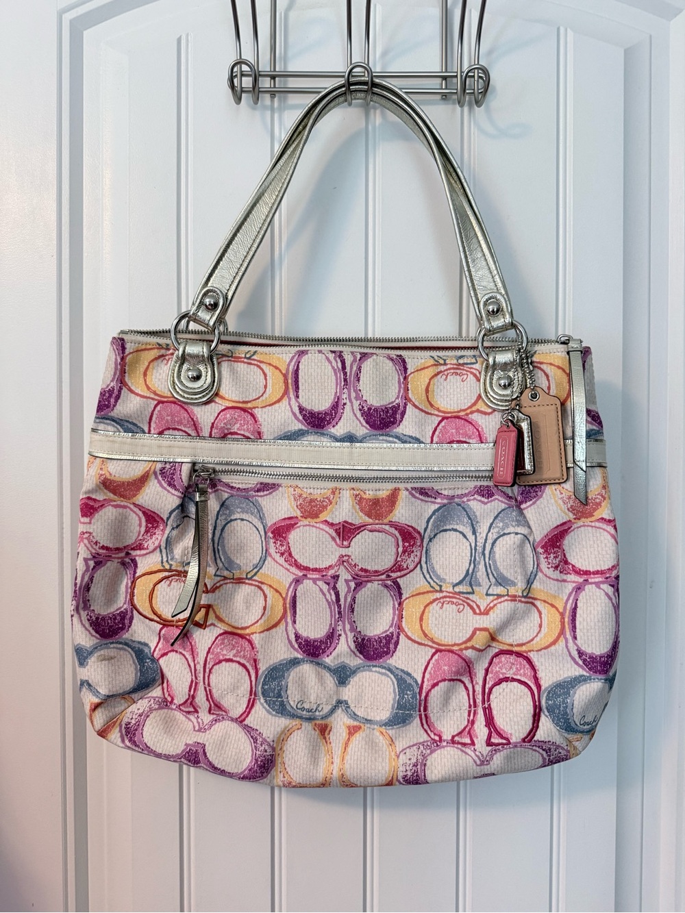Y2K Coach Poppy Dream Tote Bag Multicolor Signature Print Tote with Silver Trim